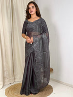 Thumbnail for Evanik Grey Glass Satin Jecquard Weaving With Thread Sequence Work Saree With Blouse - Distacart