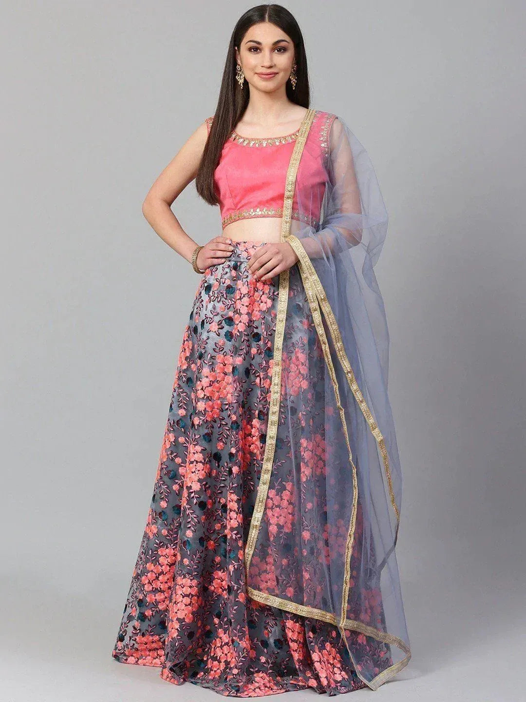 Tulsi Art Grey Semi-Stitched Myntra Lehenga & Unstitched Blouse With Dupatta - Dista