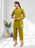 Thumbnail for Joban Fashion Green Cotton, Linen Embroidered Readymade Cord Set - Distacart