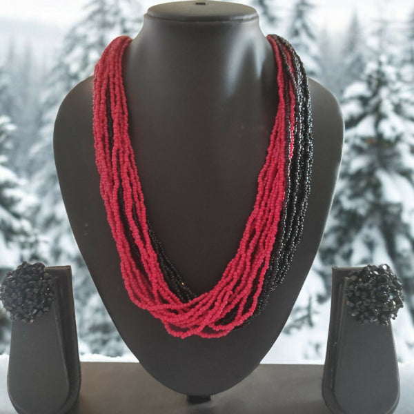 Inhanns Vibrant Handmade 20 Layers Beaded Necklace With Matching Earrings - Black & Red - Distacart