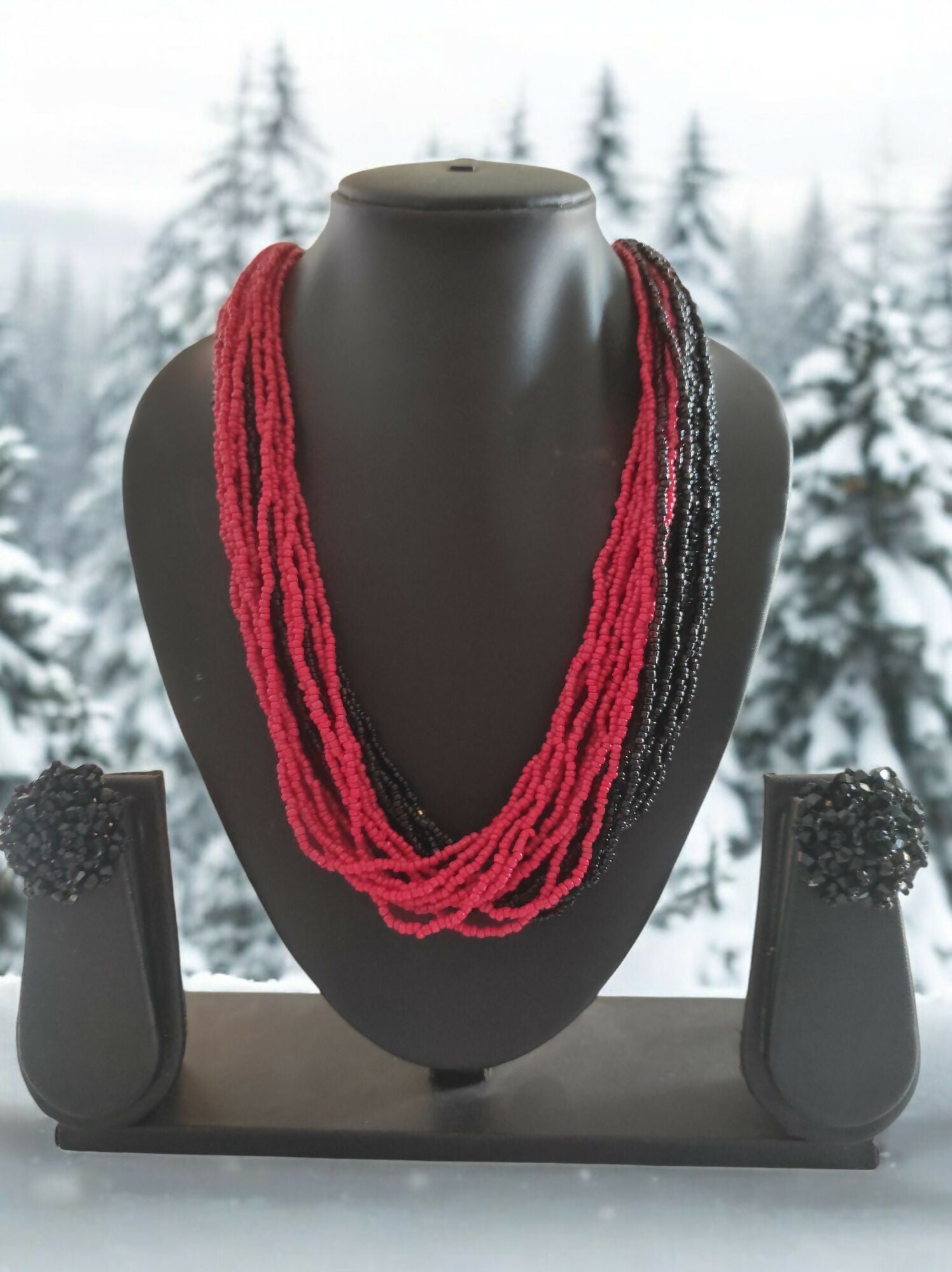 Inhanns Vibrant Handmade 20 Layers Beaded Necklace With Matching Earrings - Black & Red - Distacart