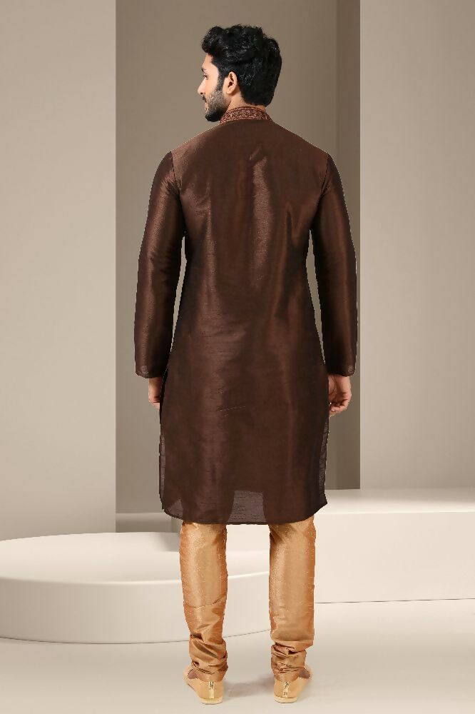 Raivat Ethnic Banarasi Art Silk Mirror Work Kurta Pajama In Brown Colour - Distacart