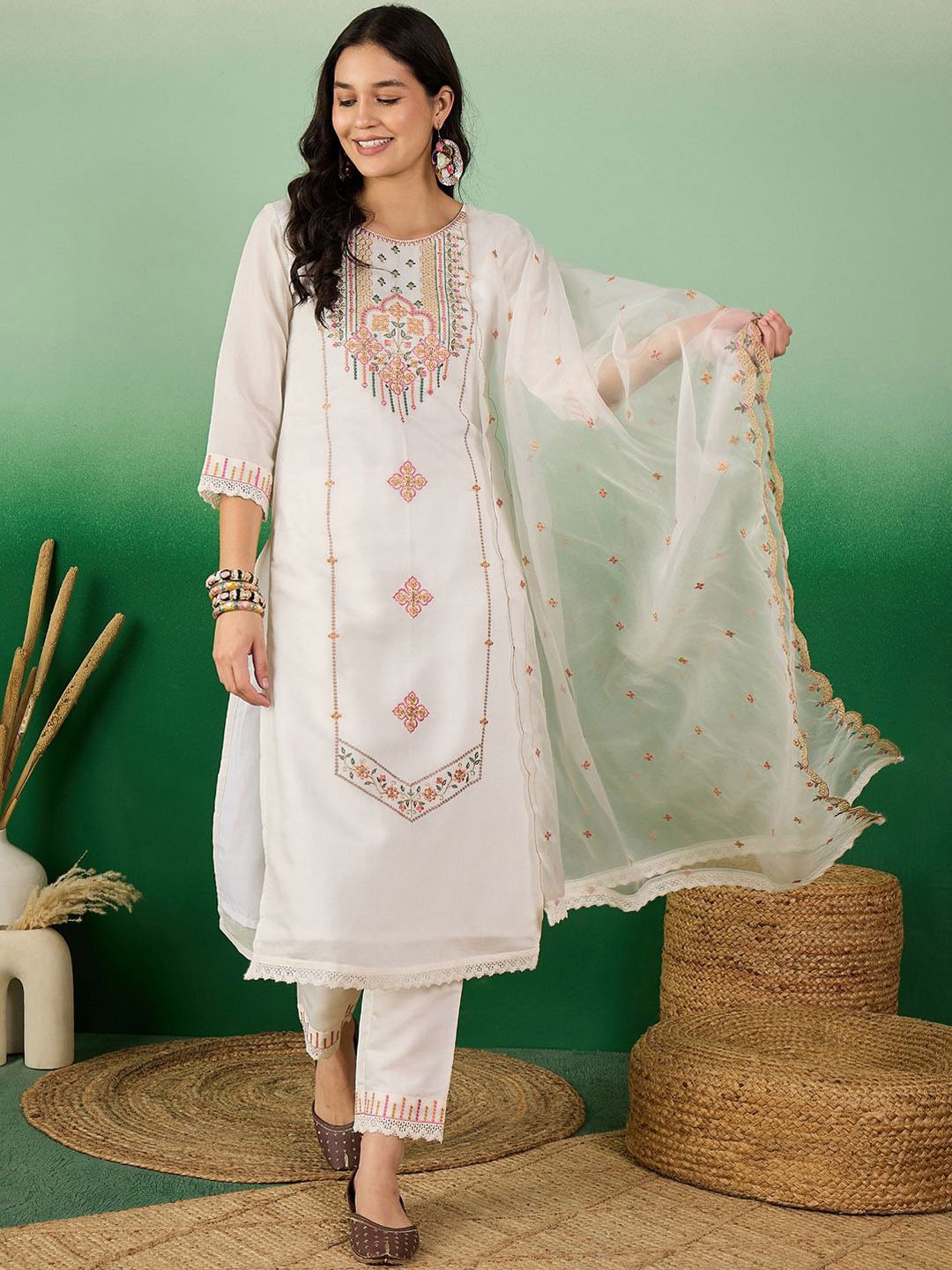 Sangria Embroidered Kurta With Trouser & Dupatta - Distacart