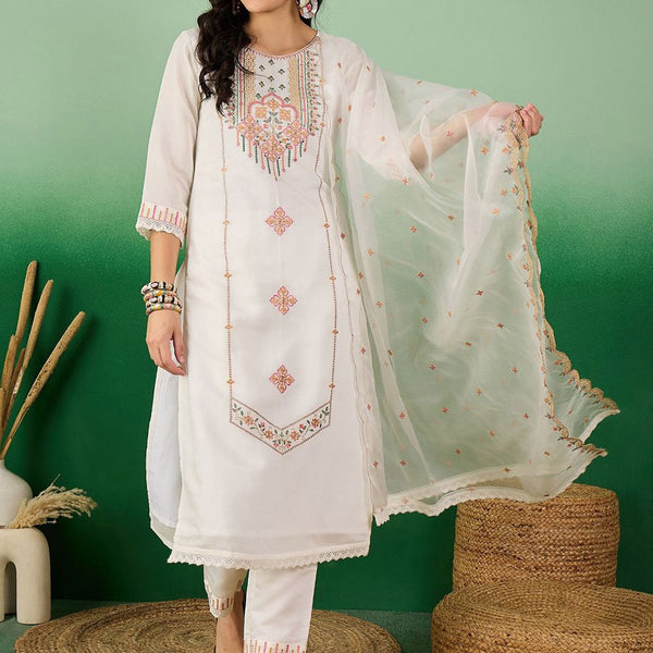 Sangria Embroidered Kurta With Trouser & Dupatta - Distacart