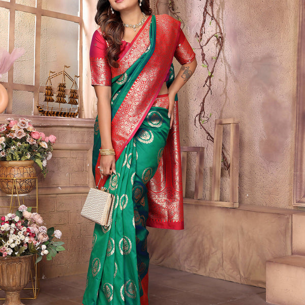 Joban Fashion Green Banarasi Soft Silk Woven Saree