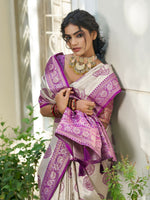 Thumbnail for Shree Shyam Fashion Cream With Purple Silk Blend Saree - Distacart