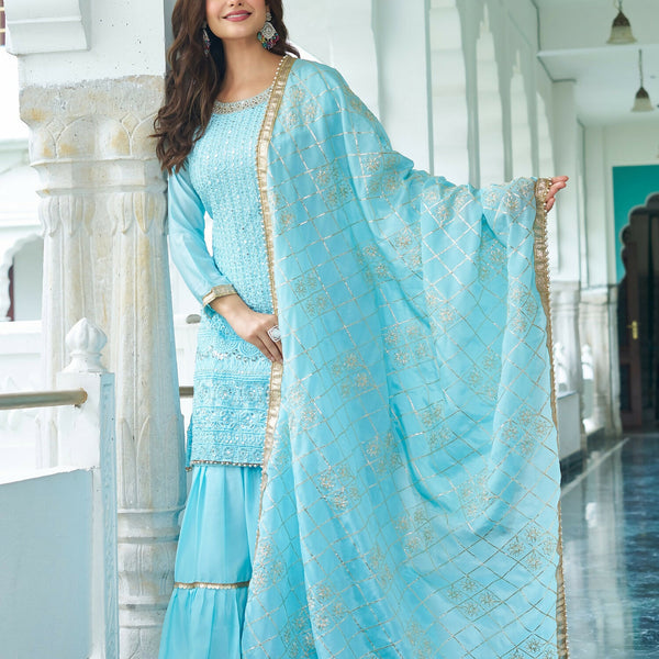 Joban Fashion Sky Blue Kurta Set Chinon Silk Embroidery Sequence Work - Distacart