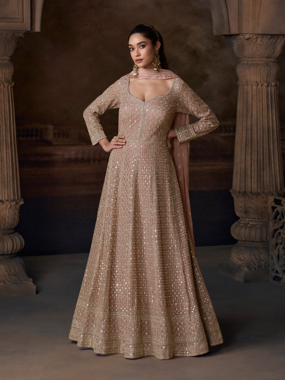 Anaita Beige Real Georgette Stitched Anarkali Suit with Embroidery & Sequence Work