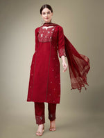 Thumbnail for Jyoti Fashion Women's Maroon Cotton Blend Embroidery & Fancy Lace work Kurta with Trouser & Dupatta - Distacart