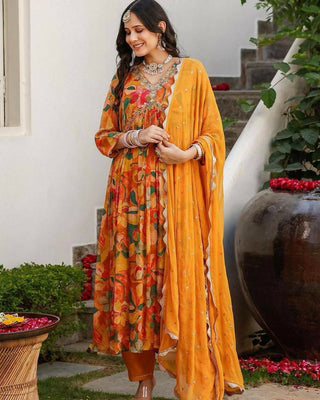 Preksha Creation Designer Women Red Alia Cut Gown Fox Georgette With Digital Print With Dupatta And Pant - Yellow - Distacart