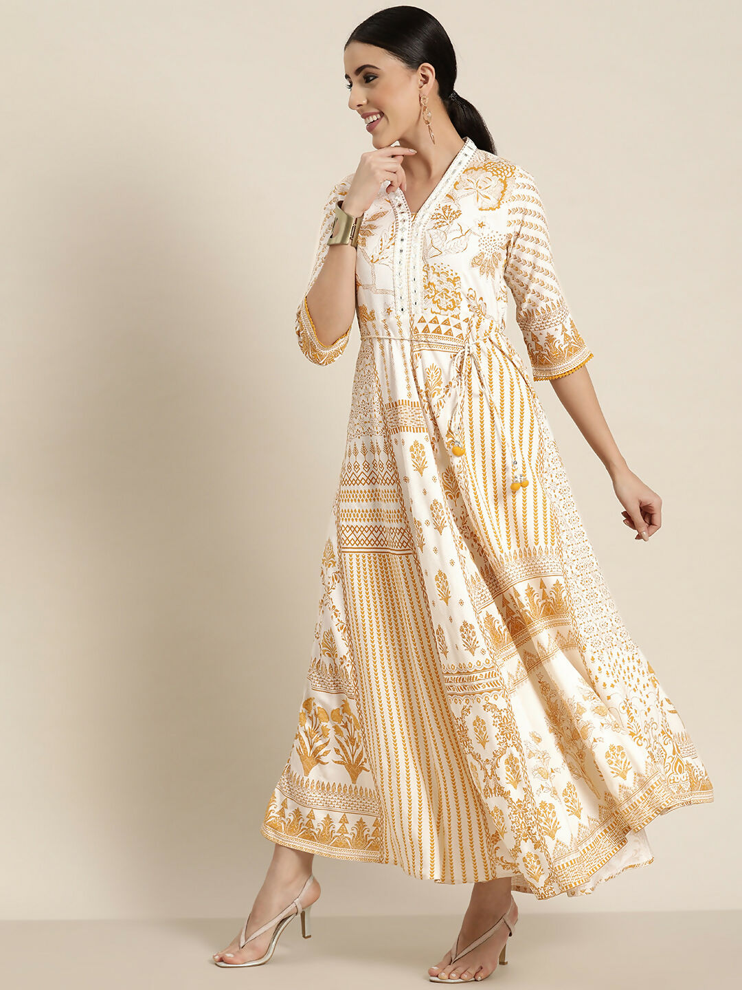 Juniper Mustard Printed Rayon Lacy Maxi Dress With Mirror Embroidered Neckline & Tassels At Waist - Distacart