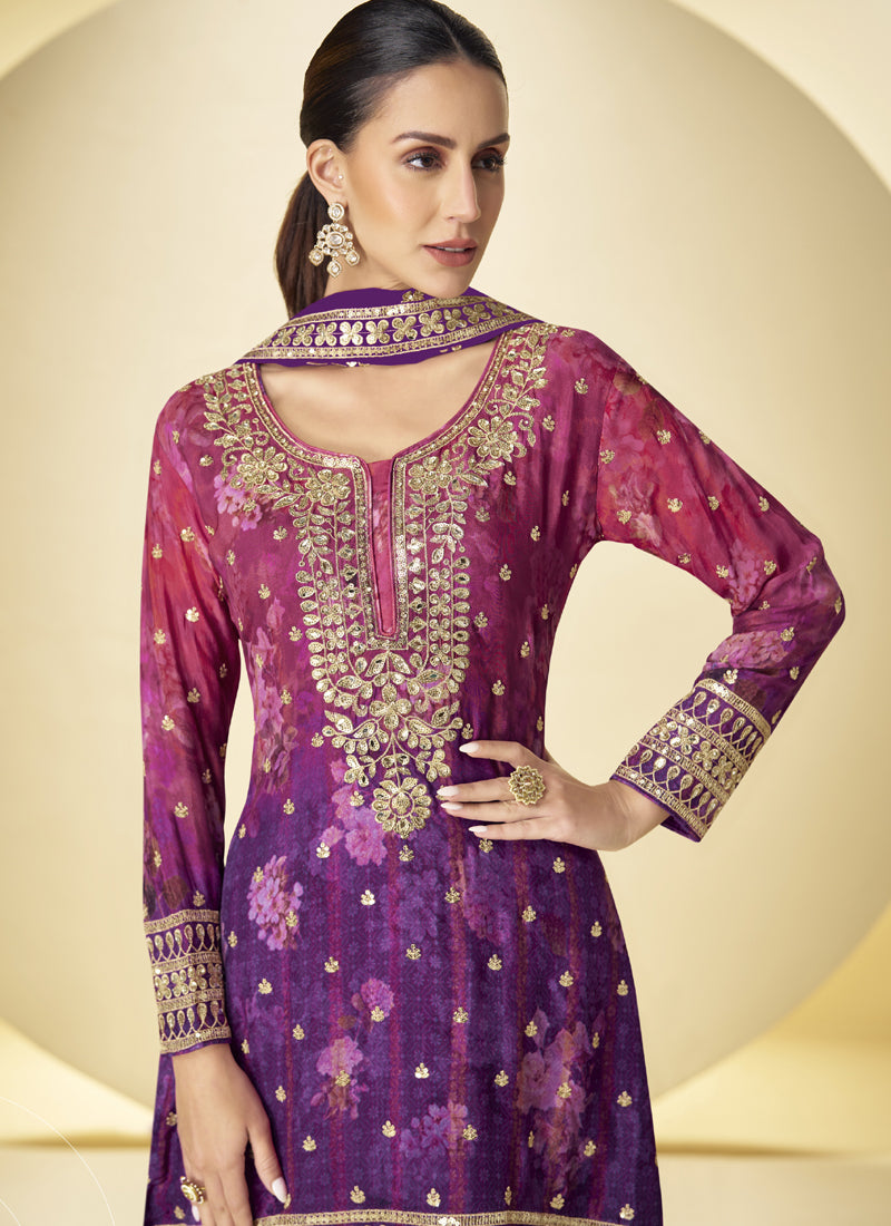Vegaa Fashion Purple Chinon Digital Print Designer Palazzo Suit
