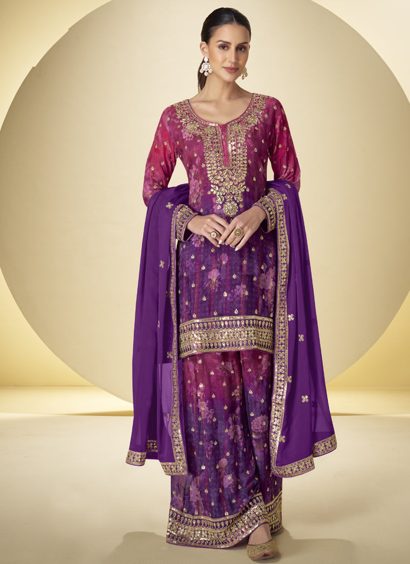 Vegaa Fashion Purple Chinon Digital Print Designer Palazzo Suit