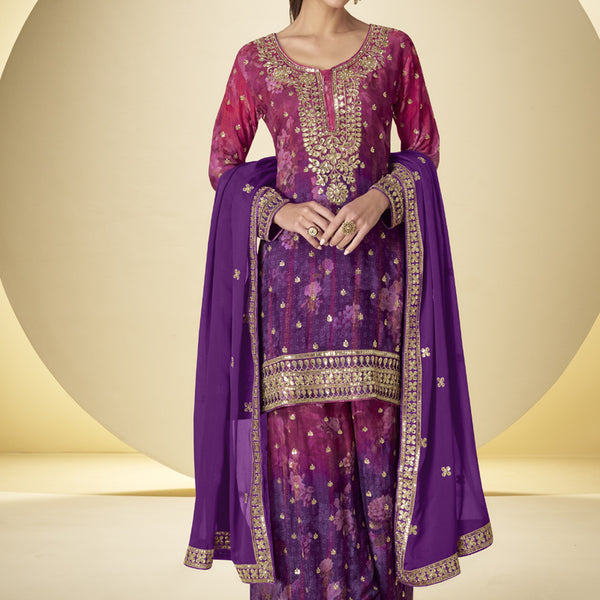 Vegaa Fashion Purple Chinon Digital Print Designer Palazzo Suit - Distacart