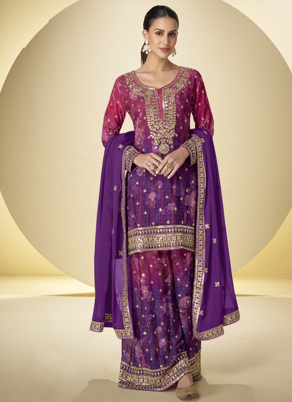 Vegaa Fashion Purple Chinon Digital Print Designer Palazzo Suit