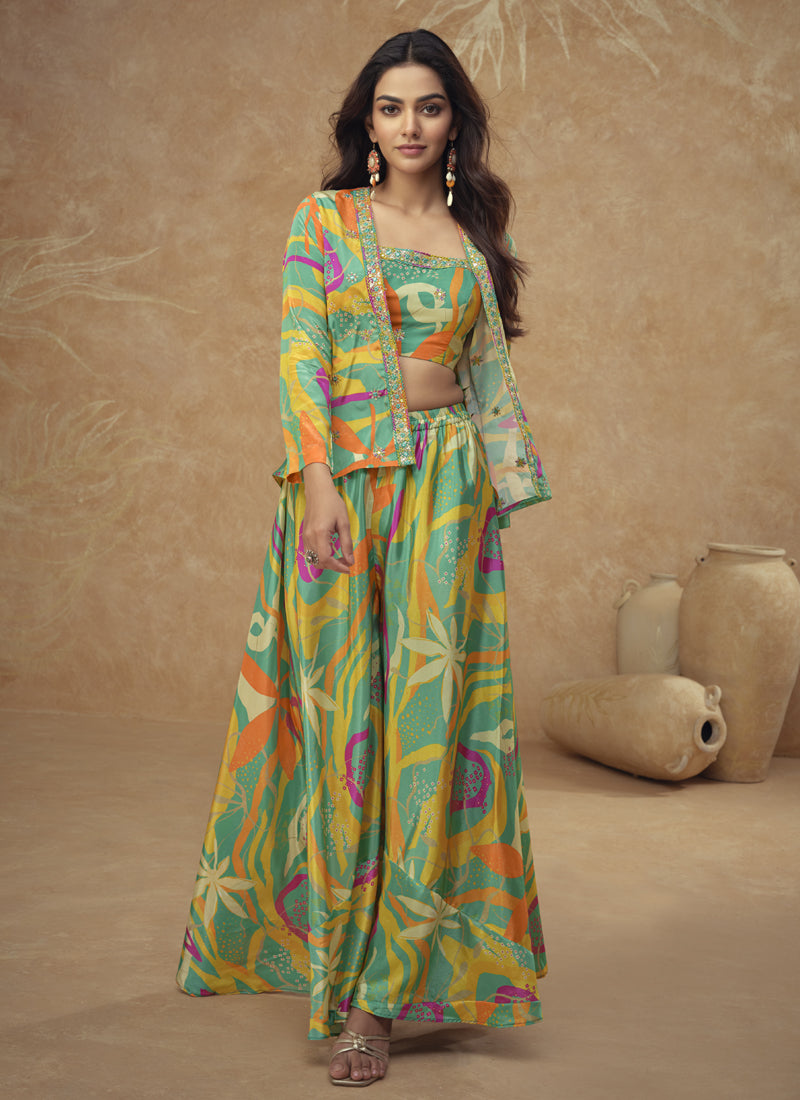 Vegaa Fashion Lime Green Chinon Silk Digital Print Western Suit