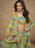 Thumbnail for Vegaa Fashion Lime Green Chinon Silk Digital Print Western Suit