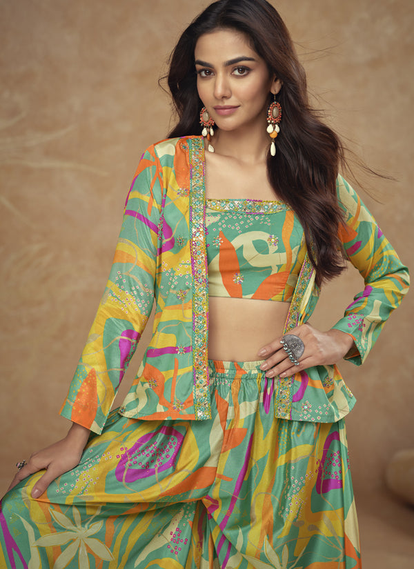 Vegaa Fashion Lime Green Chinon Silk Digital Print Western Suit