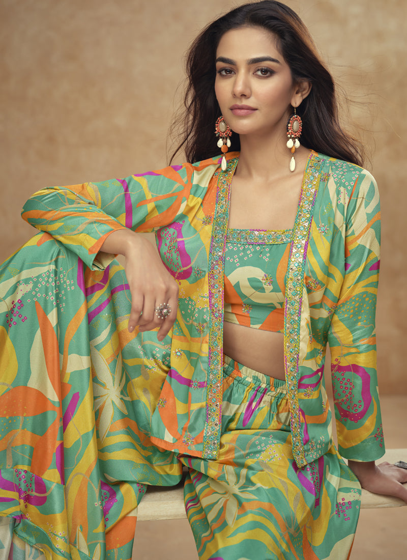 Vegaa Fashion Lime Green Chinon Silk Digital Print Western Suit
