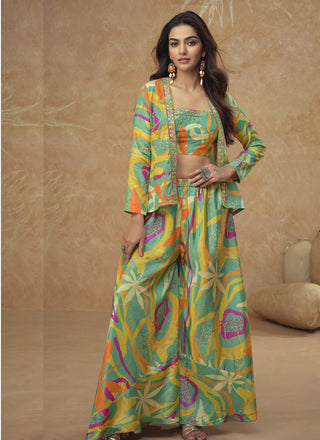 Vegaa Fashion Lime Green Chinon Silk Digital Print Western Suit