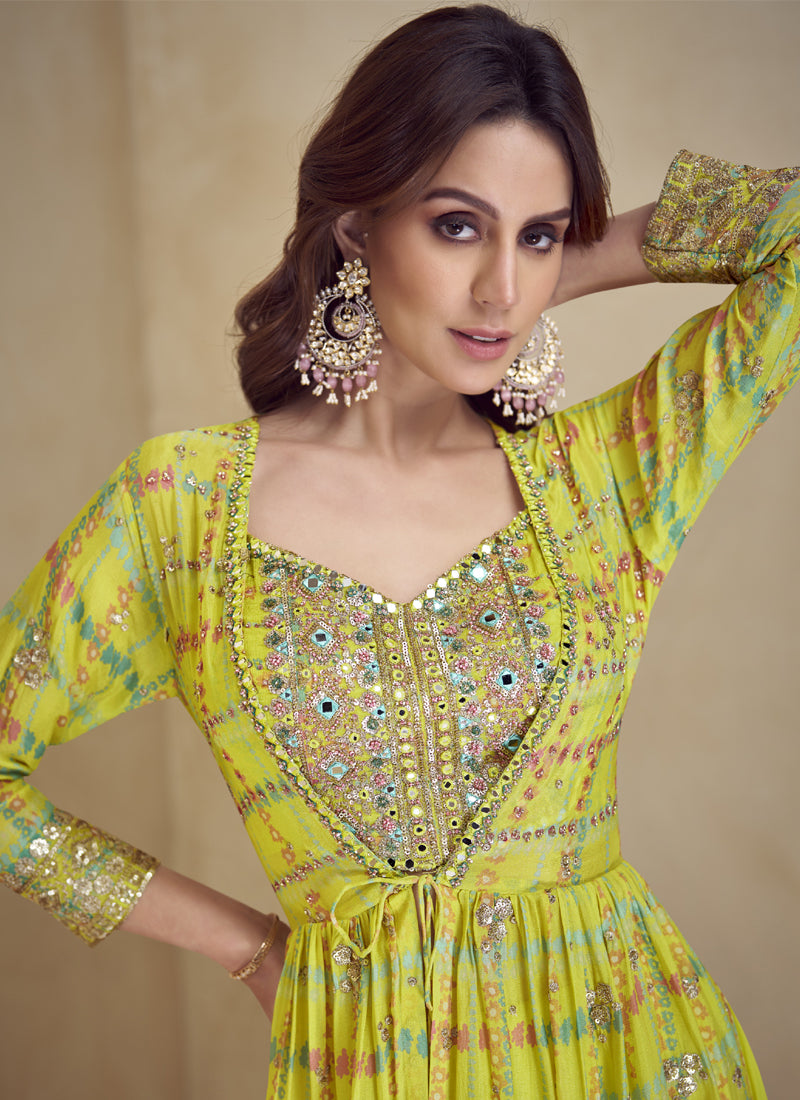 Vegaa Fashion Yellow Chinon Silk Digital Print Western Suit