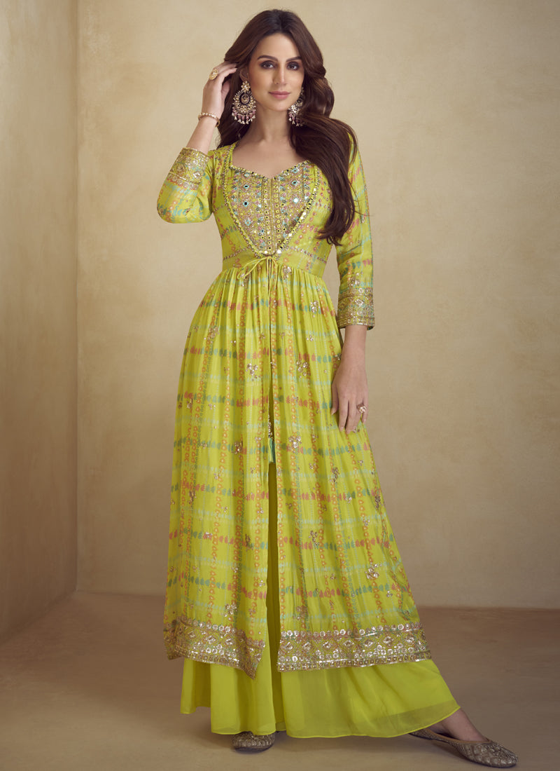 Vegaa Fashion Yellow Chinon Silk Digital Print Western Suit