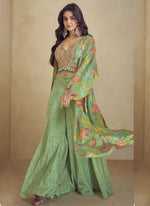 Thumbnail for Vegaa Fashion Lime Green Chinon Silk Digital Print Western Suit