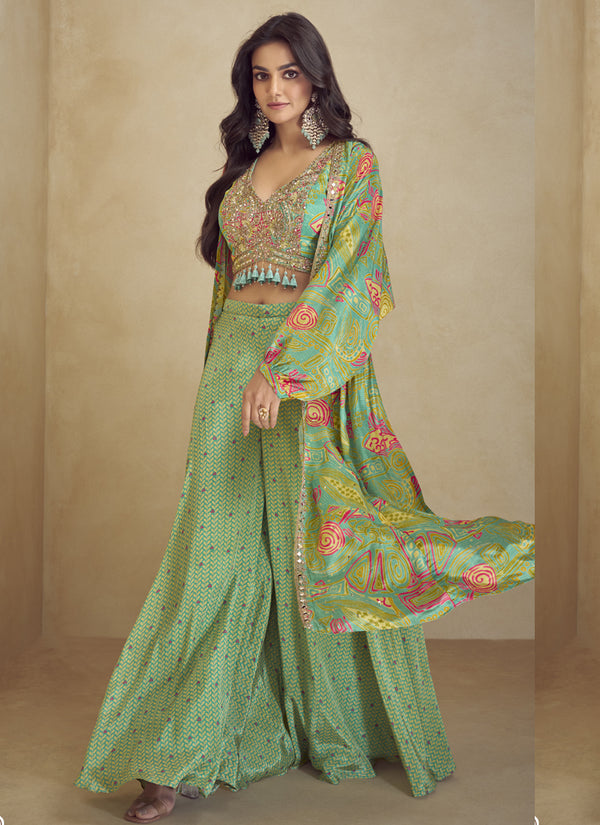 Vegaa Fashion Lime Green Chinon Silk Digital Print Western Suit
