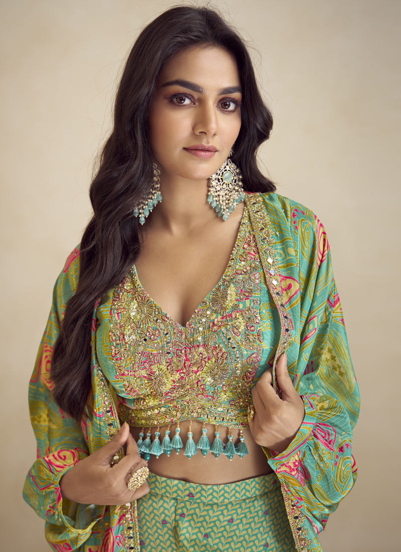 Vegaa Fashion Lime Green Chinon Silk Digital Print Western Suit