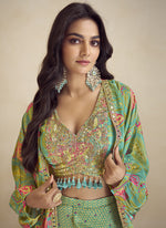 Thumbnail for Vegaa Fashion Lime Green Chinon Silk Digital Print Western Suit