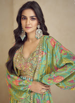 Thumbnail for Vegaa Fashion Lime Green Chinon Silk Digital Print Western Suit