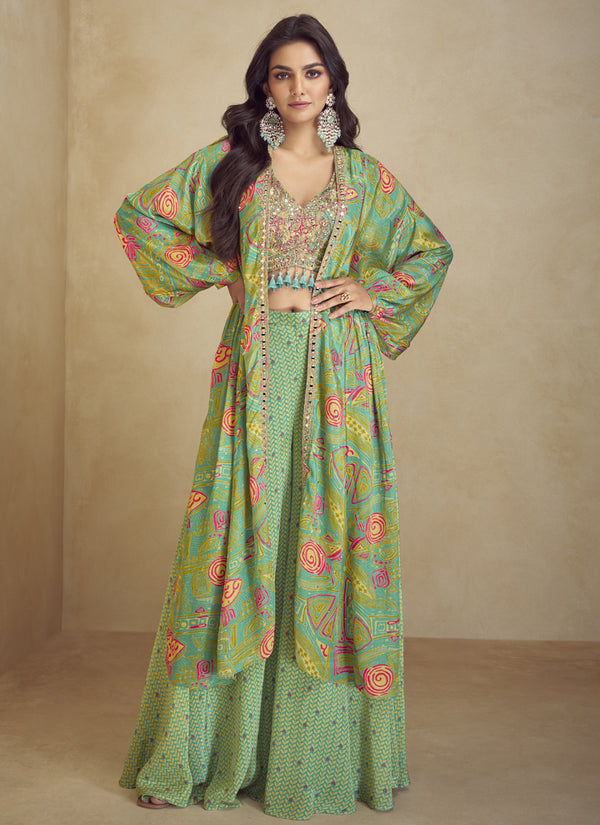 Vegaa Fashion Lime Green Chinon Silk Digital Print Western Suit