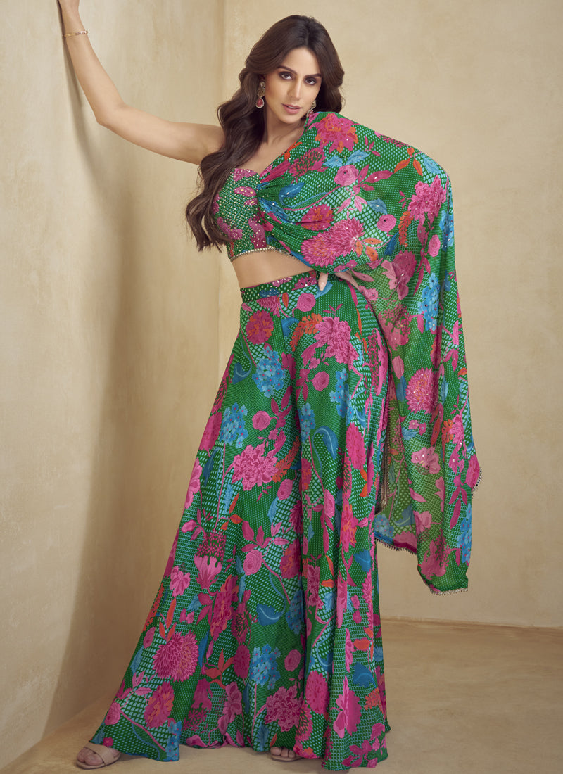 Vegaa Fashion Green Chinon Silk Digital Print Western Suit