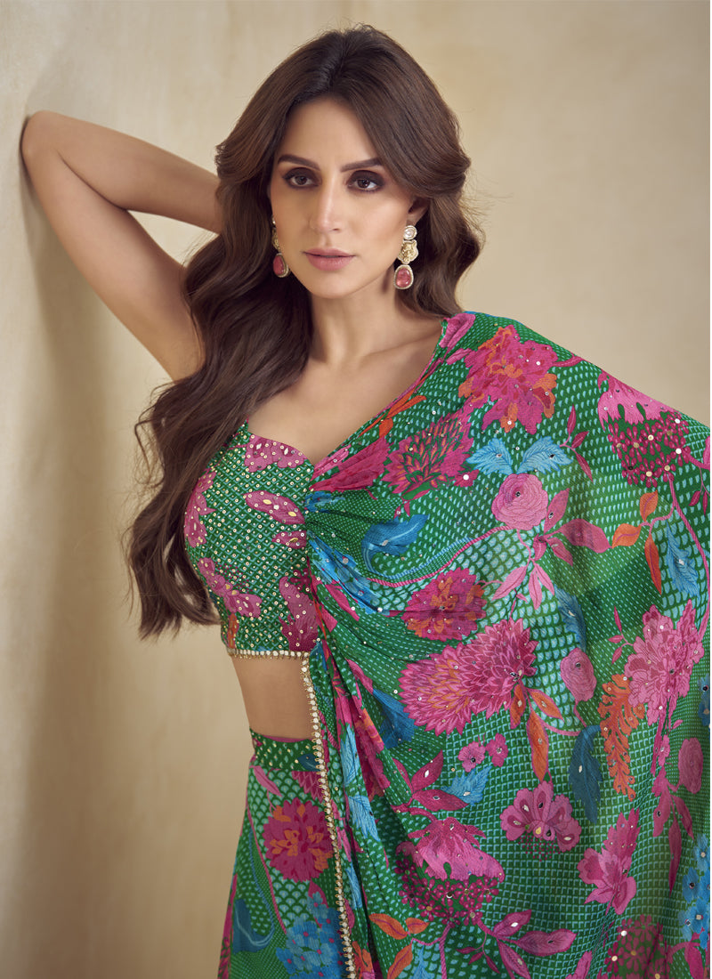 Vegaa Fashion Green Chinon Silk Digital Print Western Suit