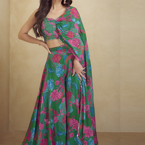 Vegaa Fashion Green Chinon Silk Digital Print Western Suit - Distacart