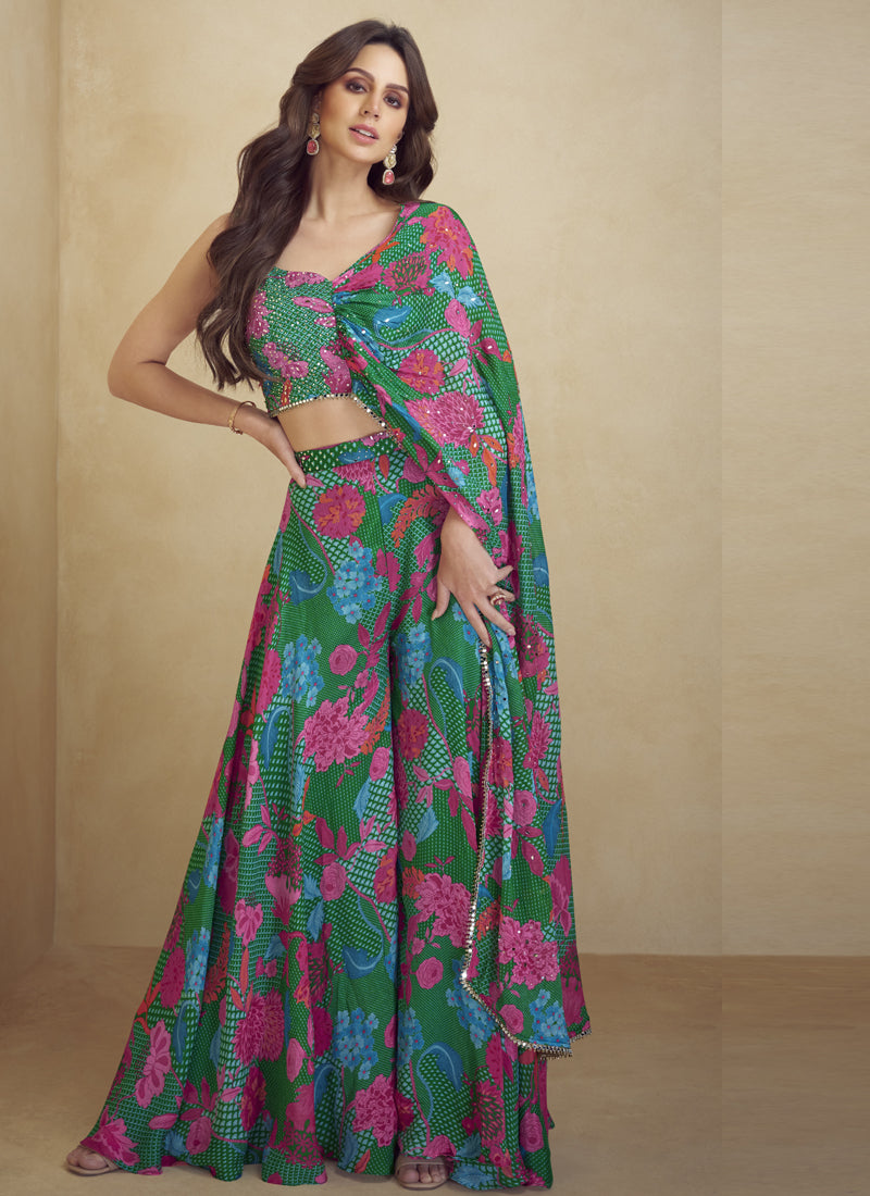 Vegaa Fashion Green Chinon Silk Digital Print Western Suit