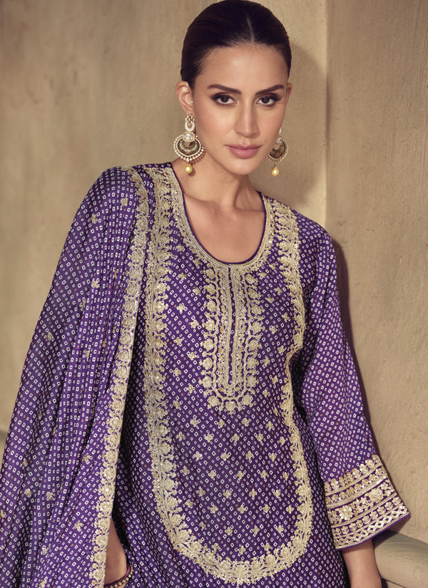 Vegaa Fashion Violet Chinon Silk Embroidered Designer Sharara Suit