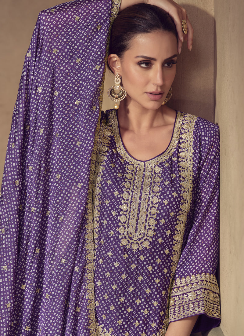 Vegaa Fashion Violet Chinon Silk Embroidered Designer Sharara Suit
