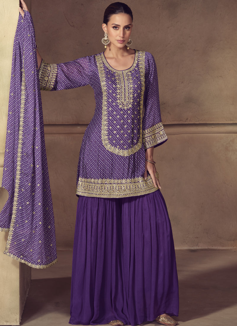 Vegaa Fashion Violet Chinon Silk Embroidered Designer Sharara Suit