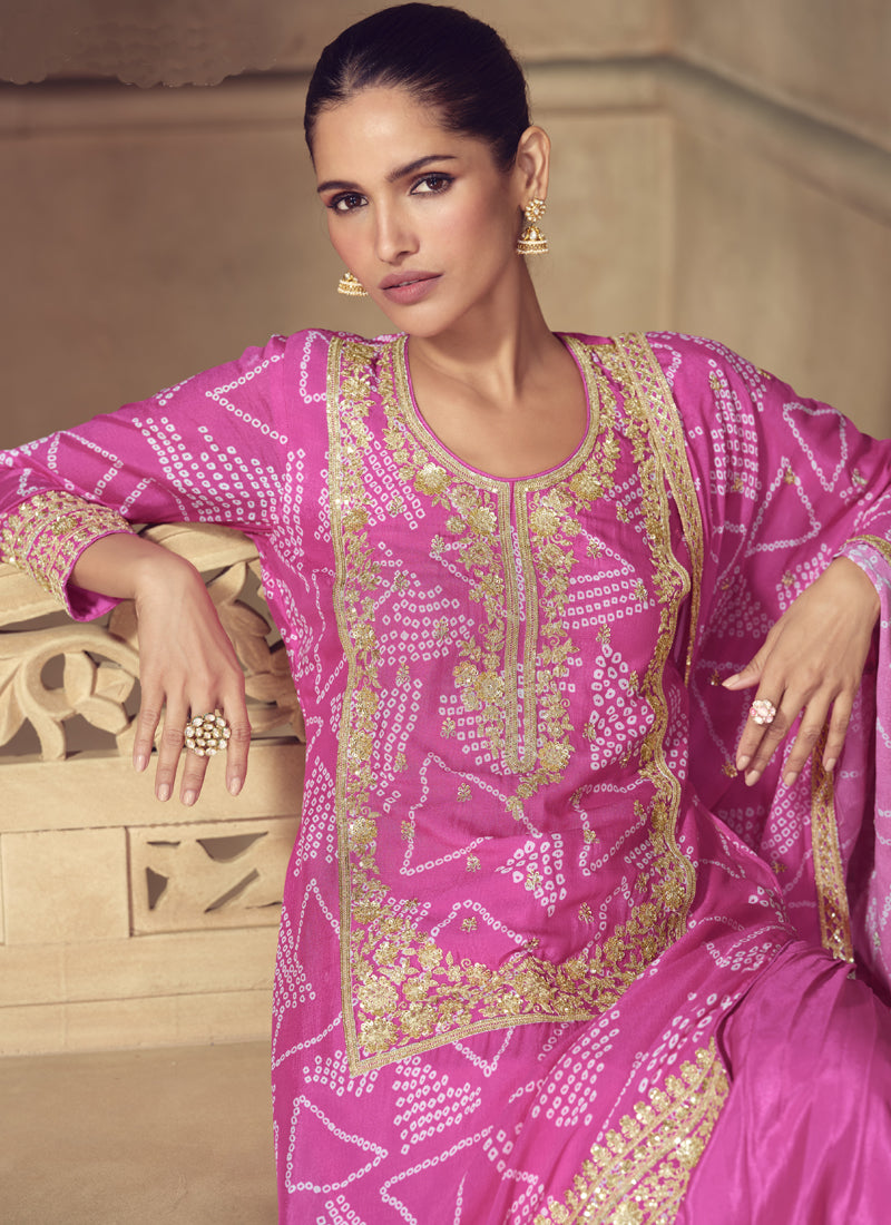Vegaa Fashion Pink Chinon Silk Embroidered Designer Sharara Suit