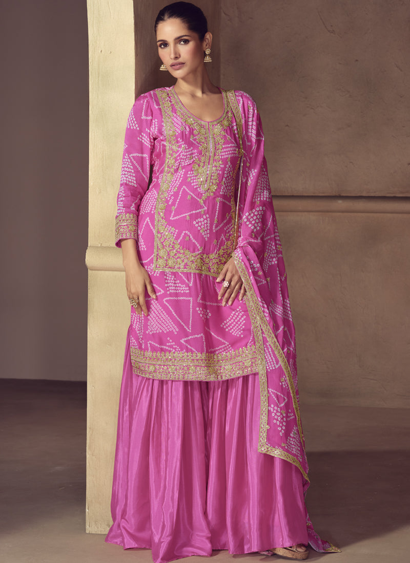 Vegaa Fashion Pink Chinon Silk Embroidered Designer Sharara Suit