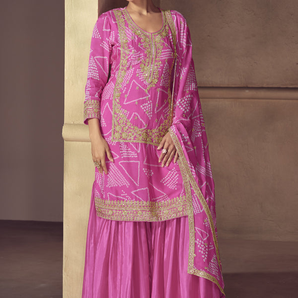 Vegaa Fashion Pink Chinon Silk Embroidered Designer Sharara Suit