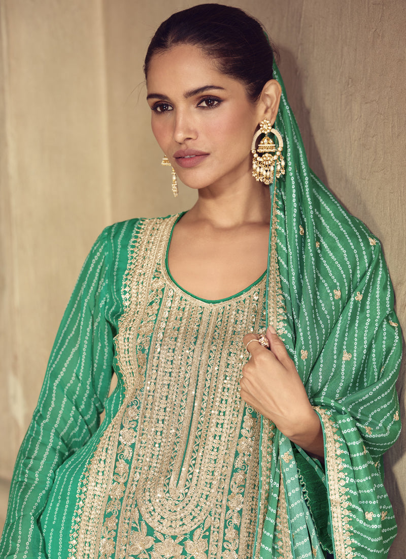 Vegaa Fashion Bottle Green Chinon Silk Embroidered Designer Sharara Suit