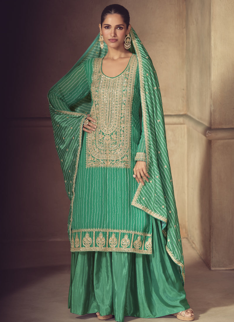 Vegaa Fashion Bottle Green Chinon Silk Embroidered Designer Sharara Suit