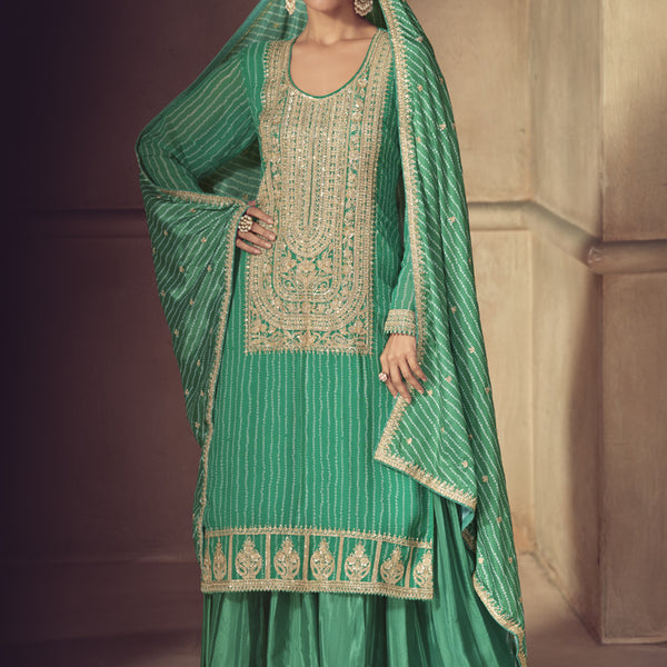 Vegaa Fashion Bottle Green Chinon Silk Embroidered Designer Sharara Suit