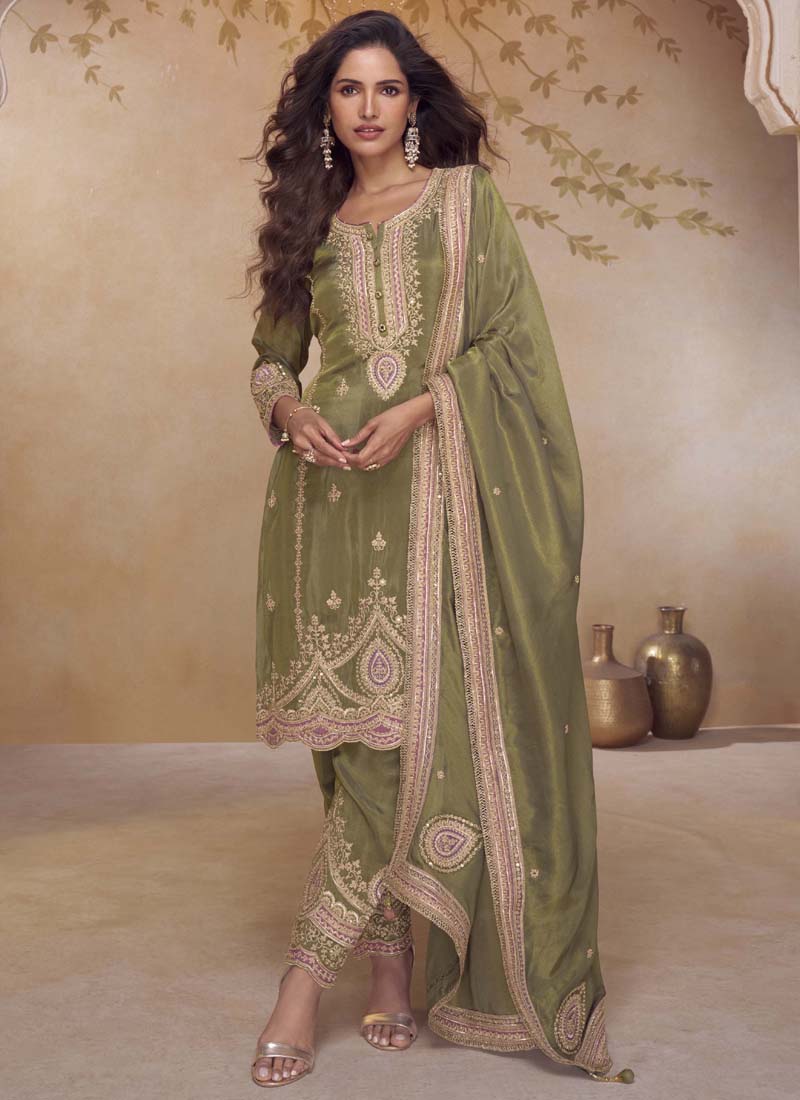 Vegaa Fashion Mehendi Simar Silk Embroidered Designer Salwar Suit