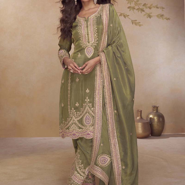 Vegaa Fashion Mehendi Simar Silk Embroidered Designer Salwar Suit