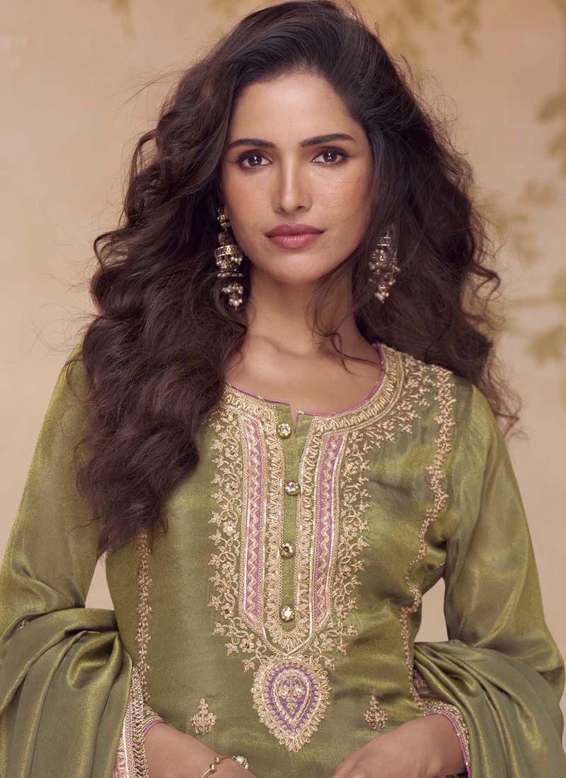 Vegaa Fashion Mehendi Simar Silk Embroidered Designer Salwar Suit