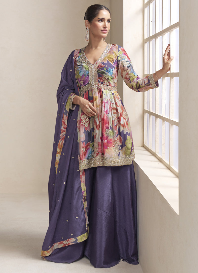Vegaa Fashion Violet Chinon Embroidered Designer Palazzo Suit