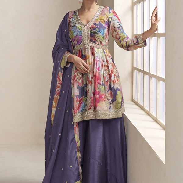 Vegaa Fashion Violet Chinon Embroidered Designer Palazzo Suit - Distacart